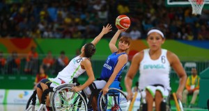 RIO DE JANEIRO, BRAZIL - SEPTEMBER 8: Vileide Almeida of Brazil and Maria Pallares of Argentina during the Wheelchair Basketball match at Arena Carioca 1 on Day 1 of the Rio 2016 Paralympic Games on September 8, 2016 in Rio de Janeiro, Brazil. (Photo by Lucas Uebel/Getty Images)