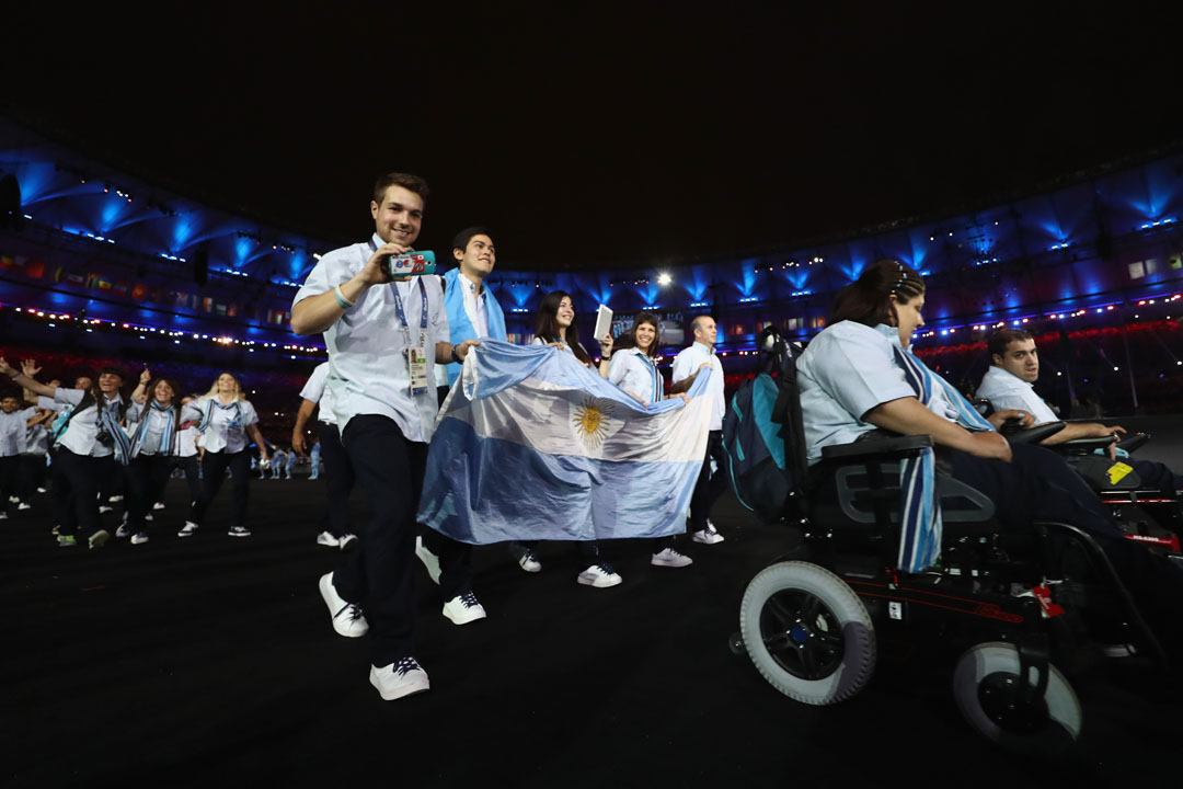 RIO DE JANEIRO, BRAZIL - SEPTEMBER 07: Members of Argentina team enter the stadium during the Opening Ceremony of the Rio 2016 Paralympic Games at Maracana Stadium on September 7, 2016 in Rio de Janeiro, Brazil. (Photo by Buda Mendes/Getty Images)