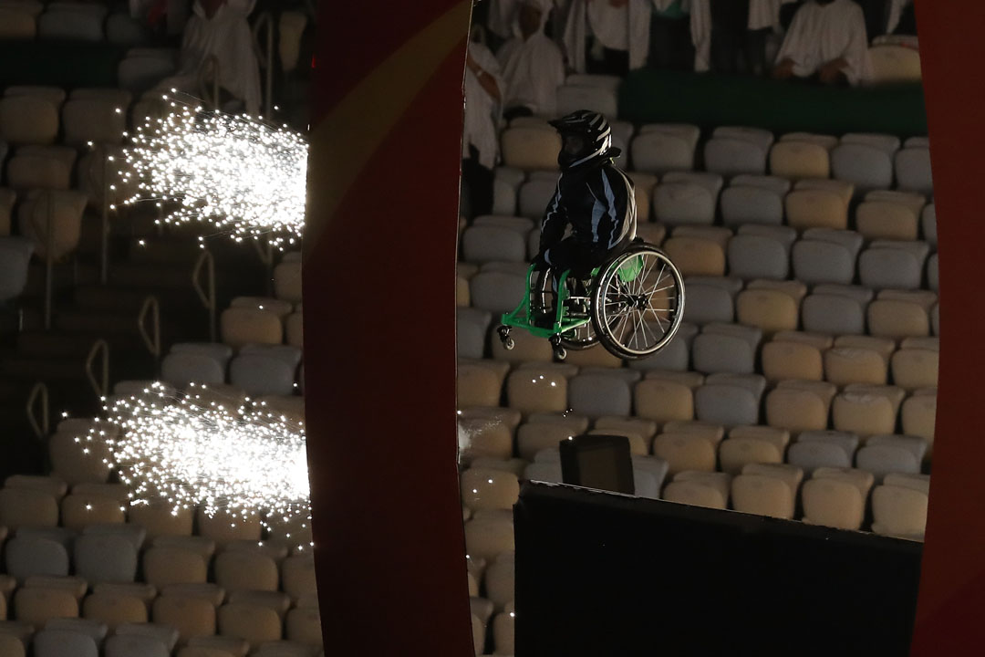 RIO DE JANEIRO, BRAZIL - SEPTEMBER 07: Aaron Wheelz rides off a ramp at the beginning of the Opening Ceremony of the Rio 2016 Paralympic Games at Maracana Stadium on September 7, 2016 in Rio de Janeiro, Brazil. (Photo by Matthew Stockman/Getty Images)