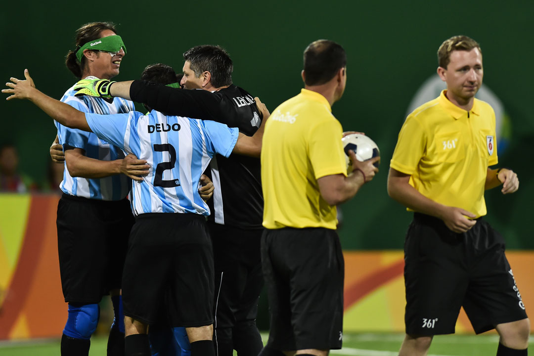 RIO DE JANEIRO, BRAZIL - SEPTEMBER 09: Players of Argentina celebrate scoring during the Men's Football 5-a-side between Argentina and Mexico at the Olympic Tennis Centre on Day 2 of the Paralympic Games on September 9, 2016 in Rio de Janeiro, Brazil. (Photo by Bruna Prado/Getty Images)