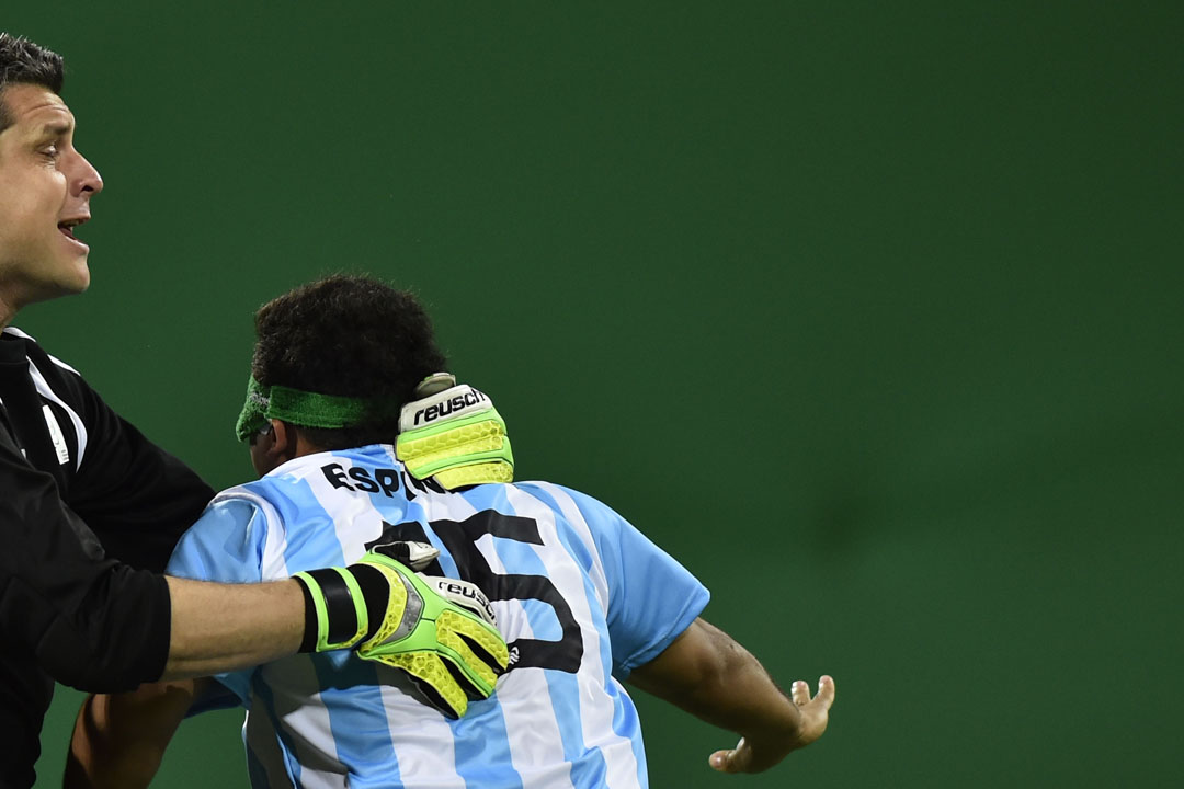 RIO DE JANEIRO, BRAZIL - SEPTEMBER 09: Players of Argentina celebrate scoring during the Men's Football 5-a-side between Argentina and Mexico at the Olympic Tennis Centre on Day 2 of the Paralympic Games on September 9, 2016 in Rio de Janeiro, Brazil. (Photo by Bruna Prado/Getty Images)