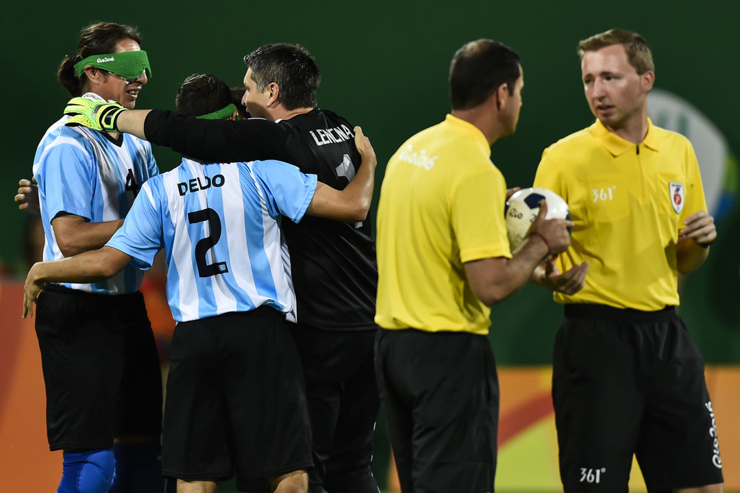 RIO DE JANEIRO, BRAZIL - SEPTEMBER 09: Players of Argentina celebrate scoring during the Men's Football 5-a-side between Argentina and Mexico at the Olympic Tennis Centre on Day 2 of the Paralympic Games on September 9, 2016 in Rio de Janeiro, Brazil. (Photo by Bruna Prado/Getty Images)